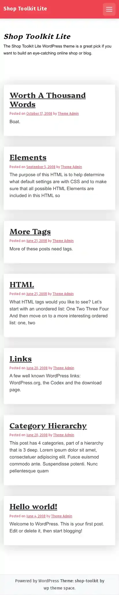 Shop Toolkit Lite home page on mobile