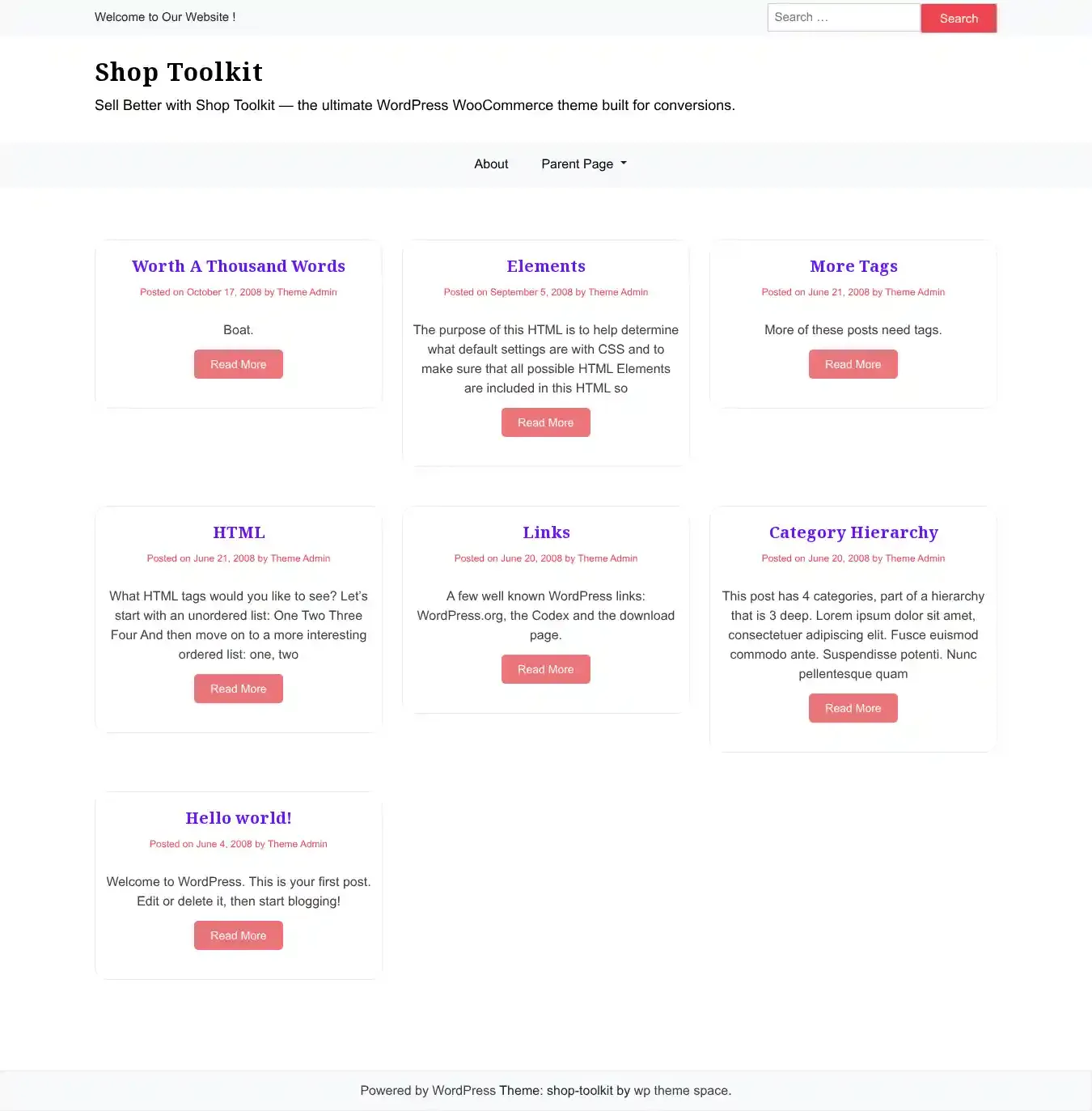 Shop Toolkit home page on desktop