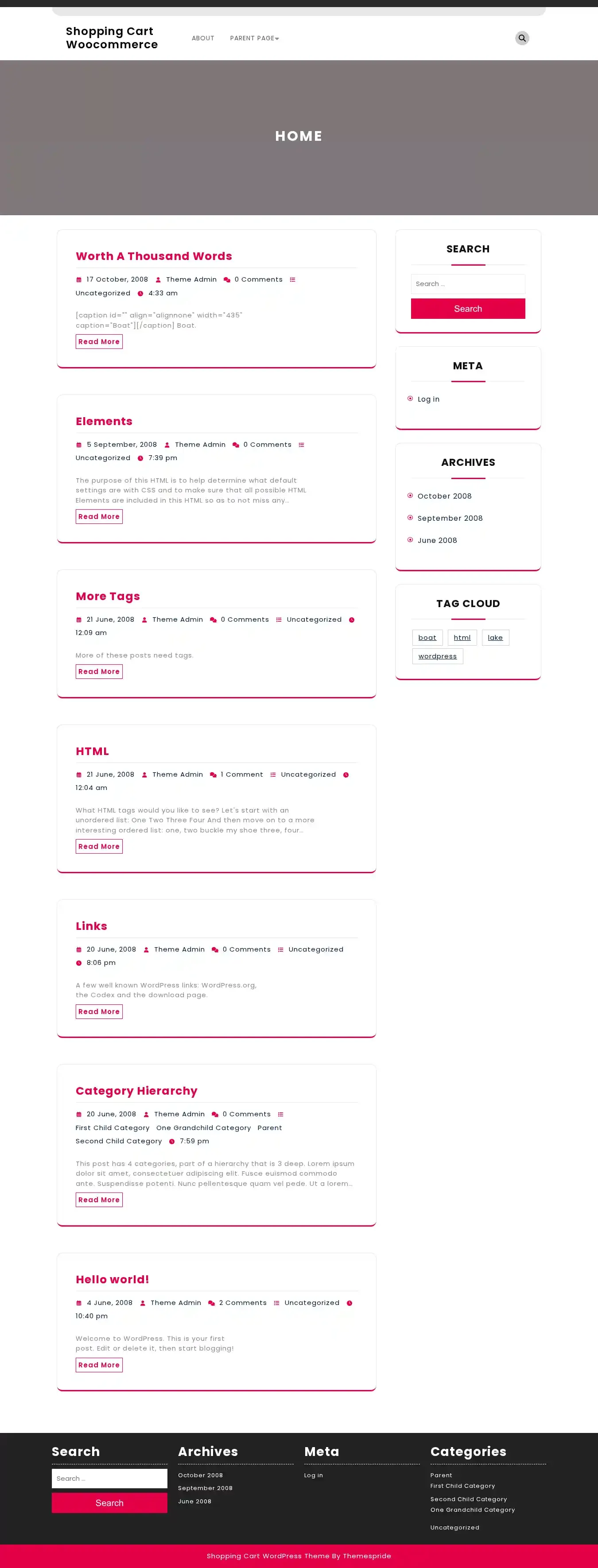 Shopping Cart Woocommerce home page on desktop