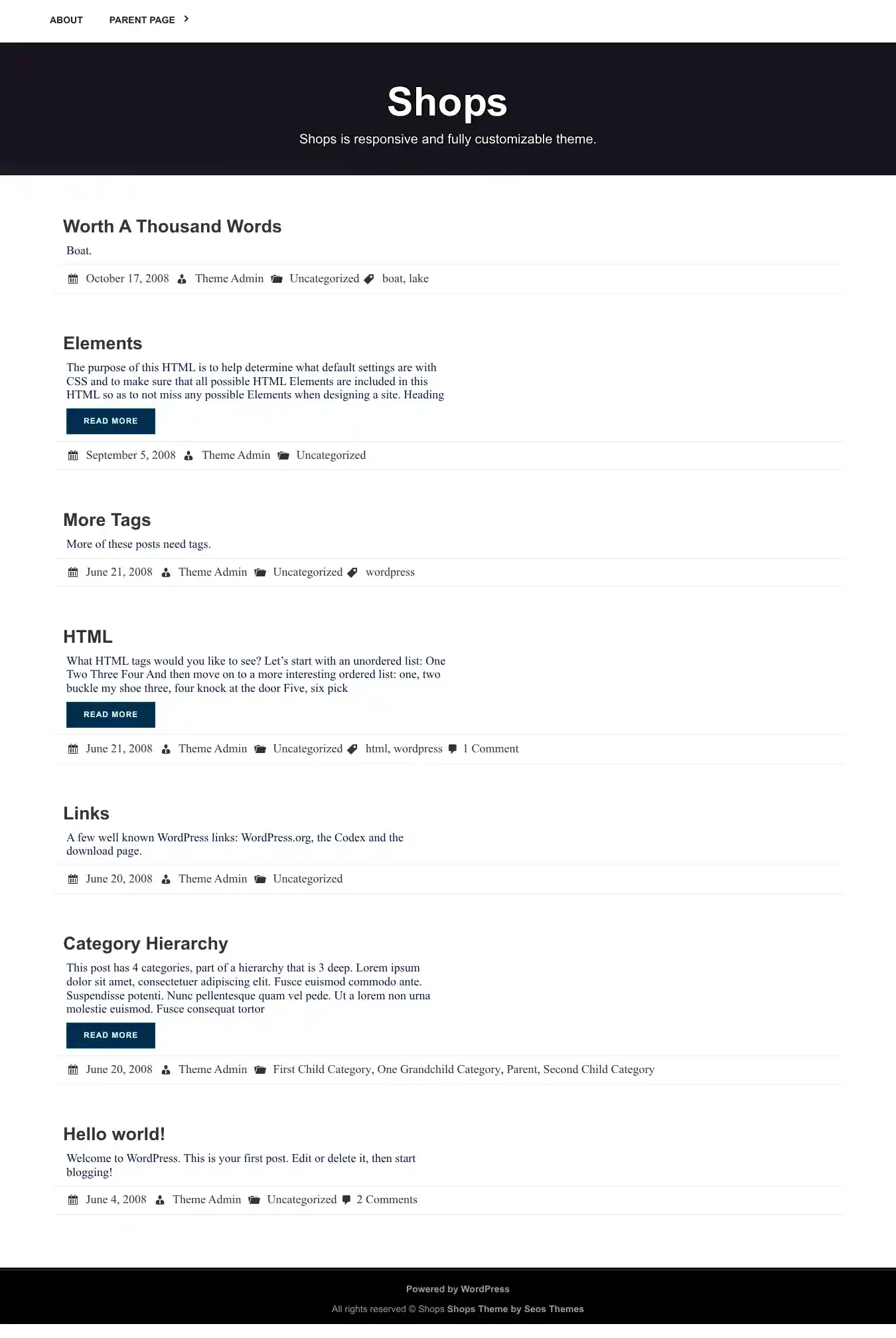 Shops home page on desktop