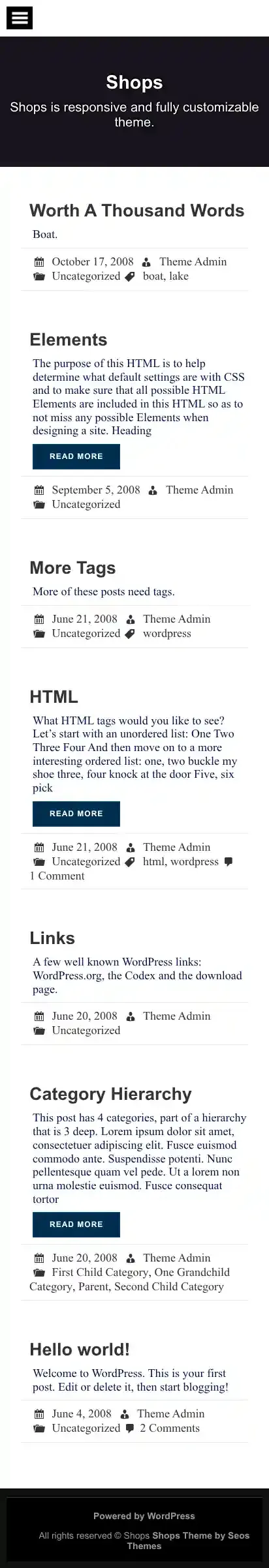 Shops home page on mobile