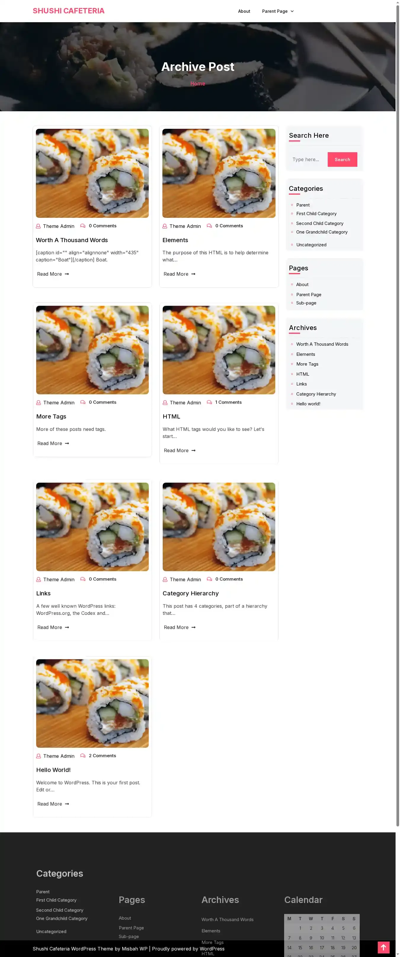 Shushi Cafeteria home page on desktop
