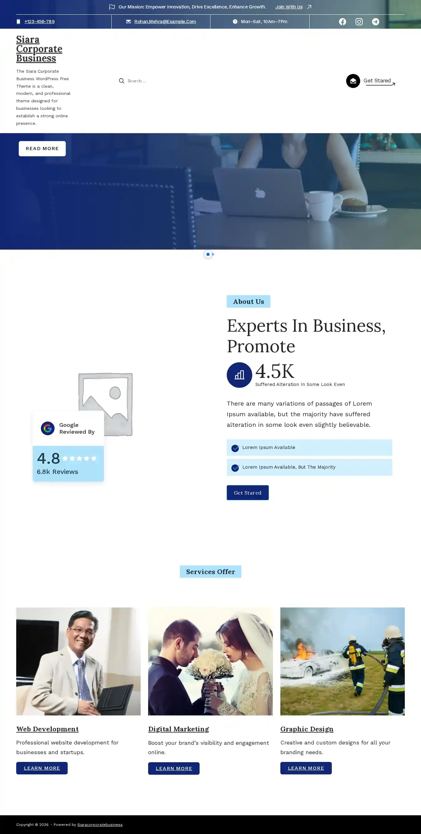 Siara Corporate Business home page on desktop