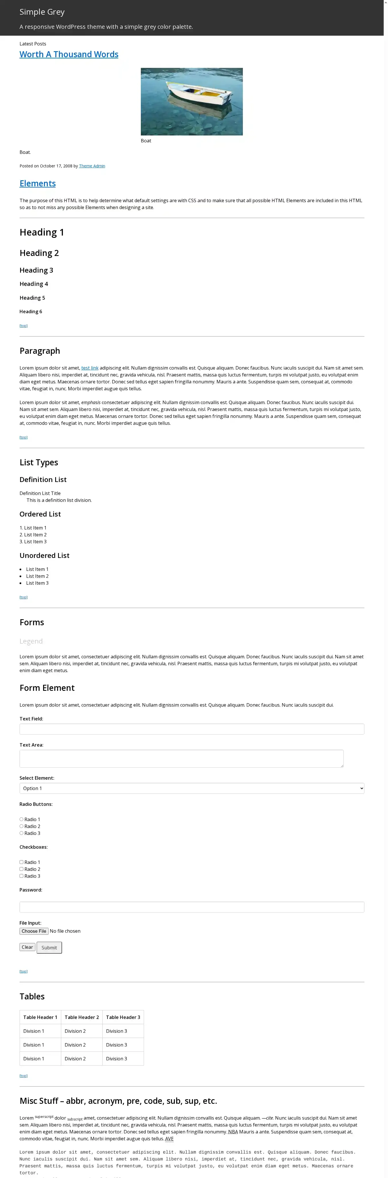 Simple Grey home page on desktop