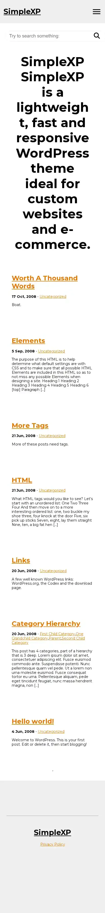 SimpleXP home page on mobile
