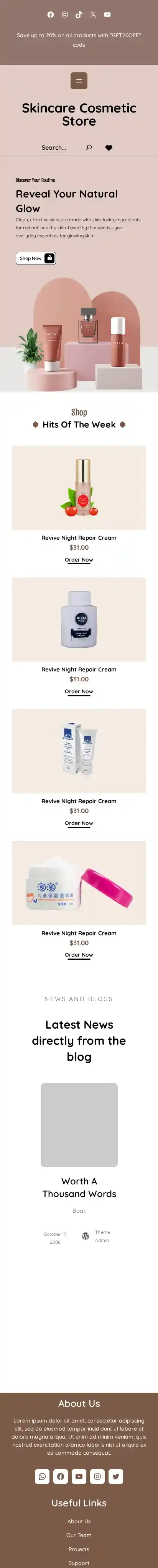 Skincare Cosmetic Store home page on mobile
