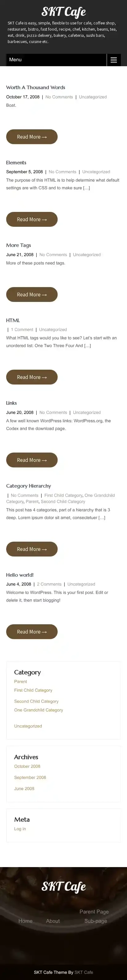 SKT Cafe home page on mobile