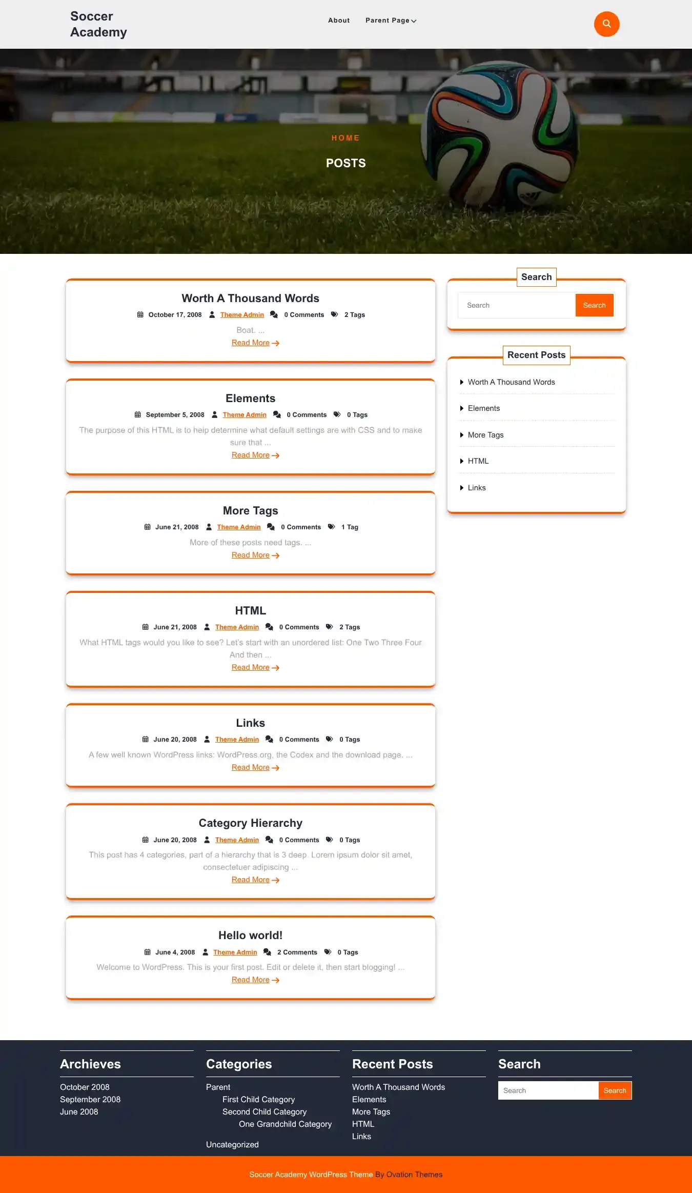Soccer Academy home page on desktop