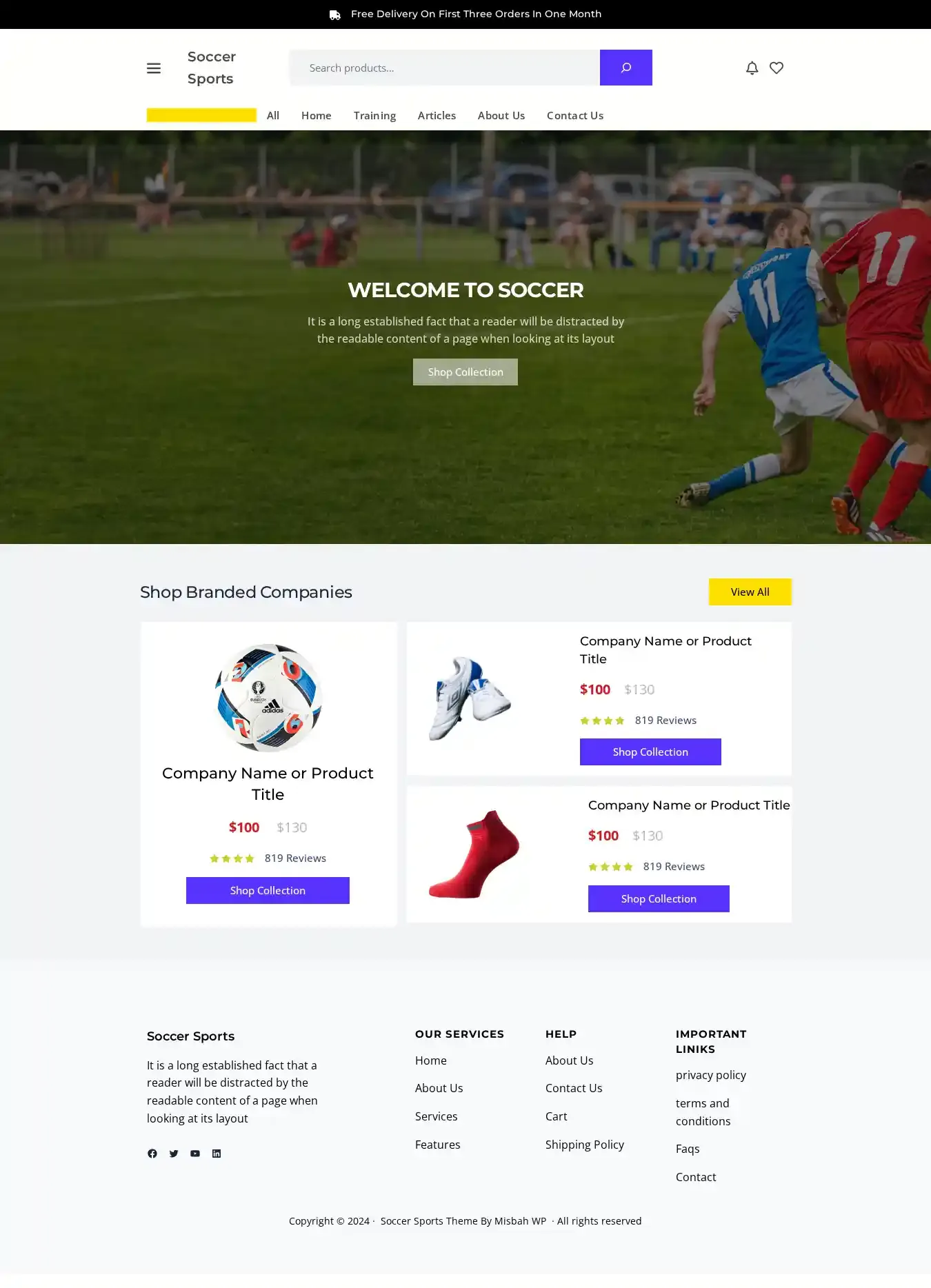 Soccer Sports home page on desktop