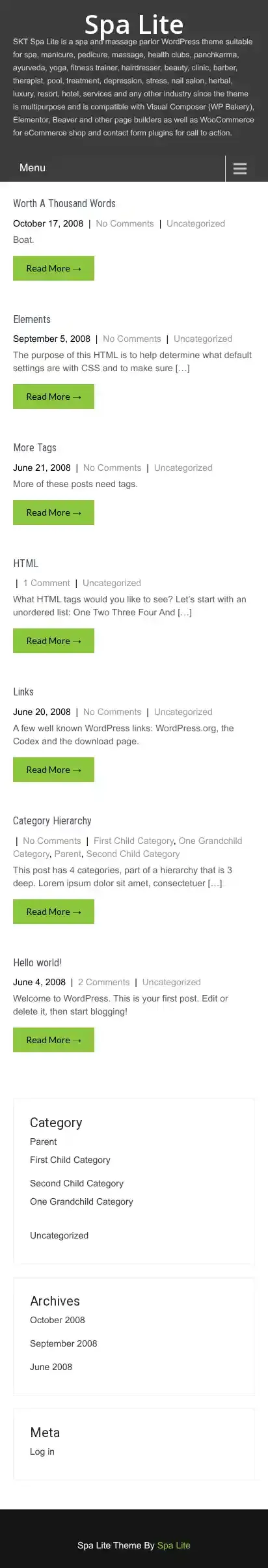 Spa Lite home page on mobile