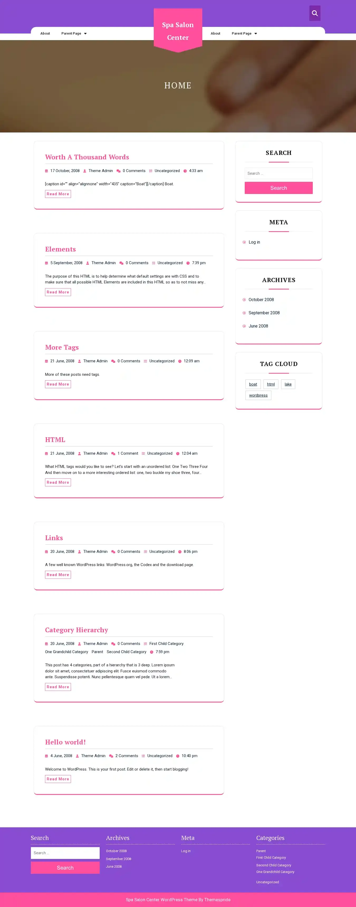 Spa Salon Center home page on desktop
