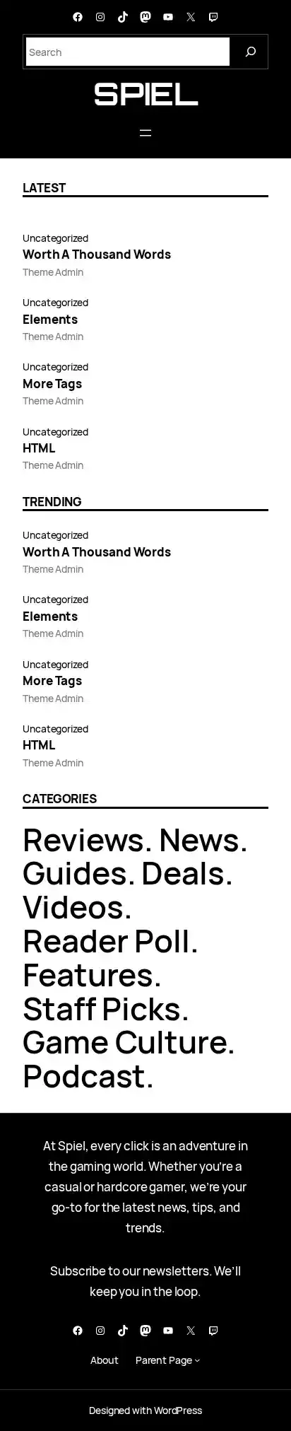 Spiel home page on mobile
