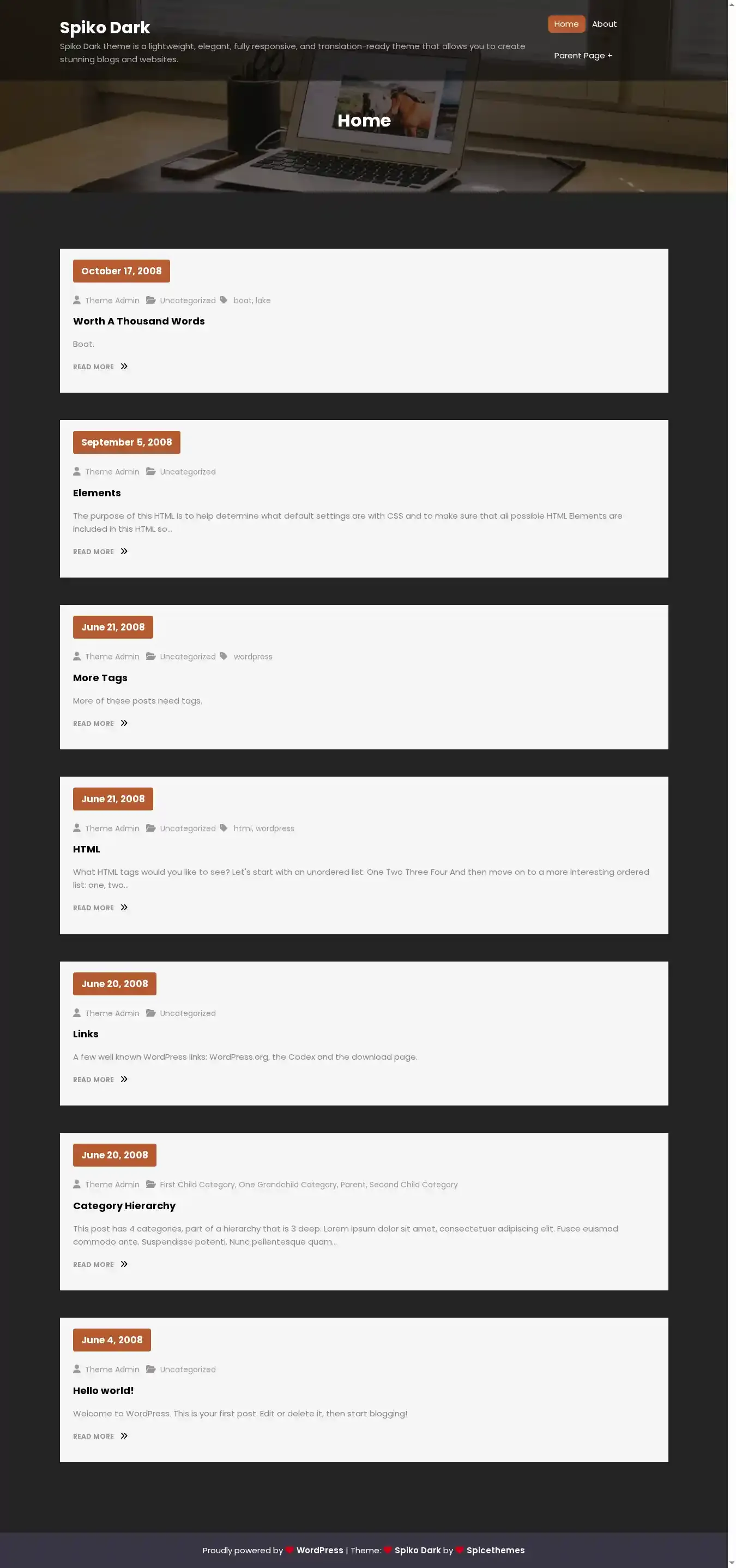 Spiko Dark home page on desktop