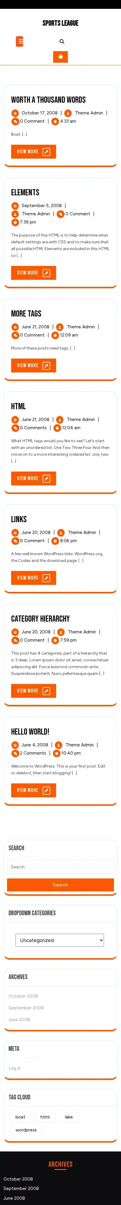 Sports League home page on mobile
