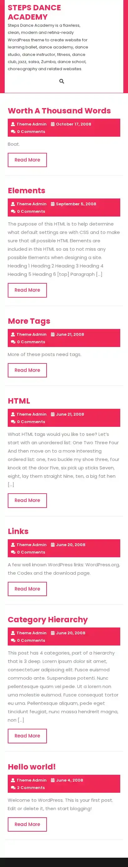 Steps Dance Academy home page on mobile