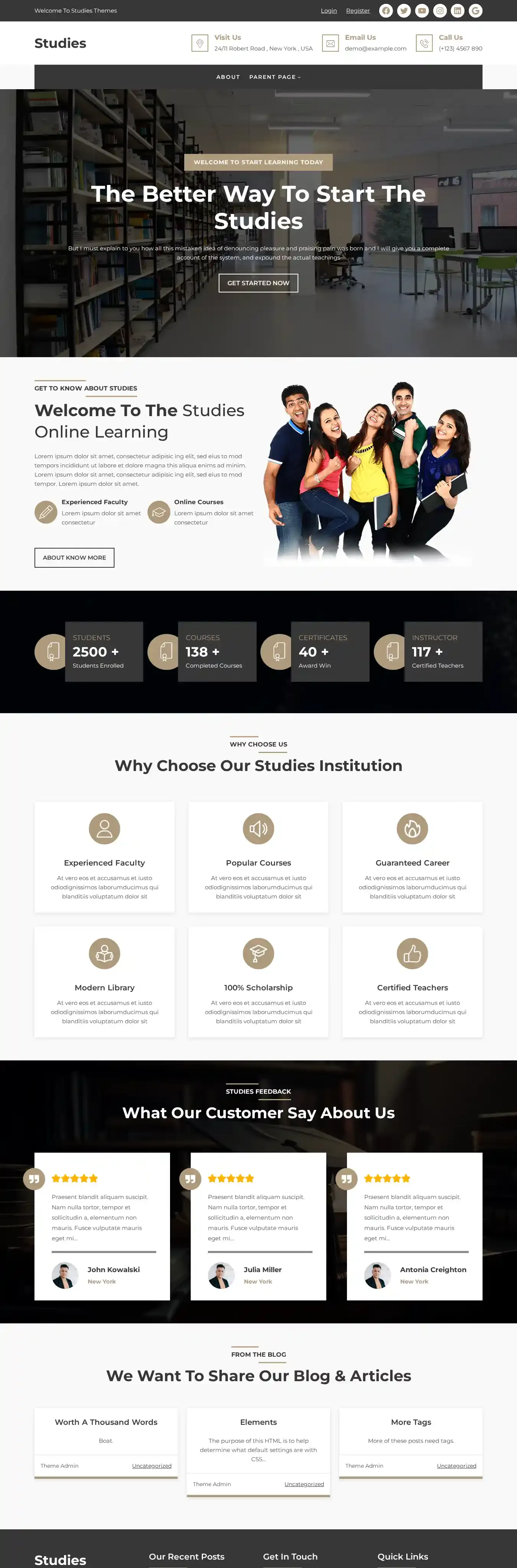 Studies home page on desktop