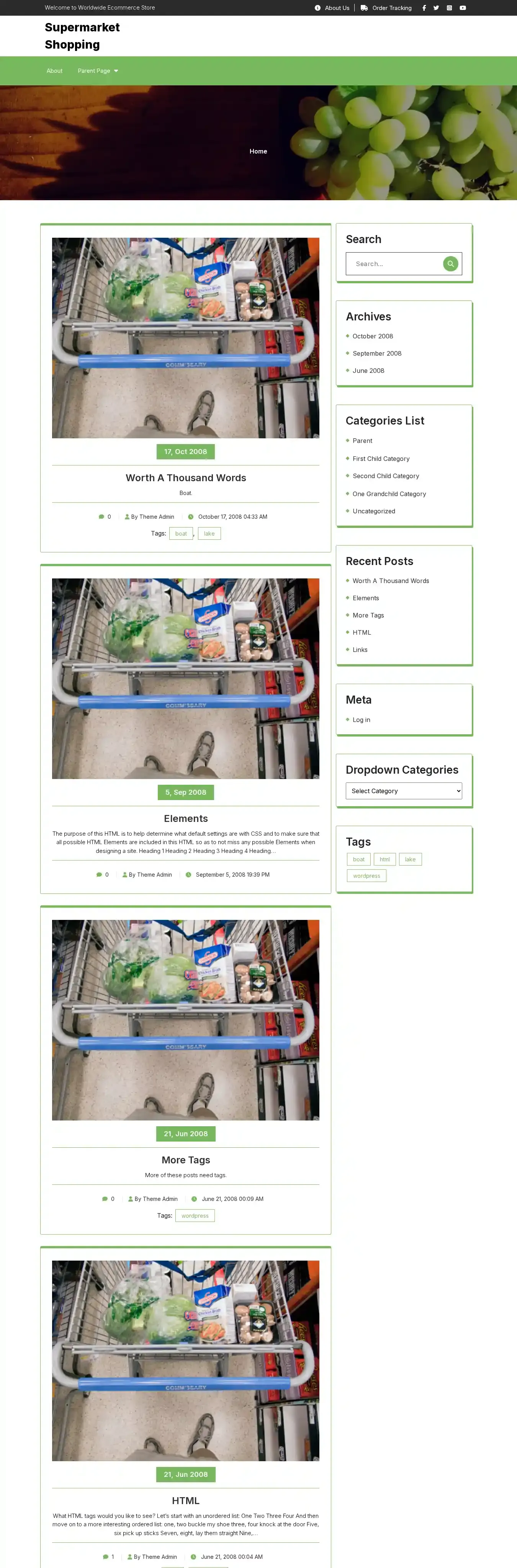 Supermarket Shopping home page on desktop