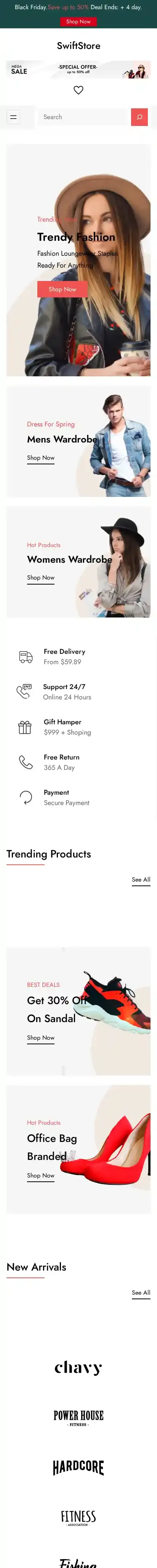 SwiftStore home page on mobile
