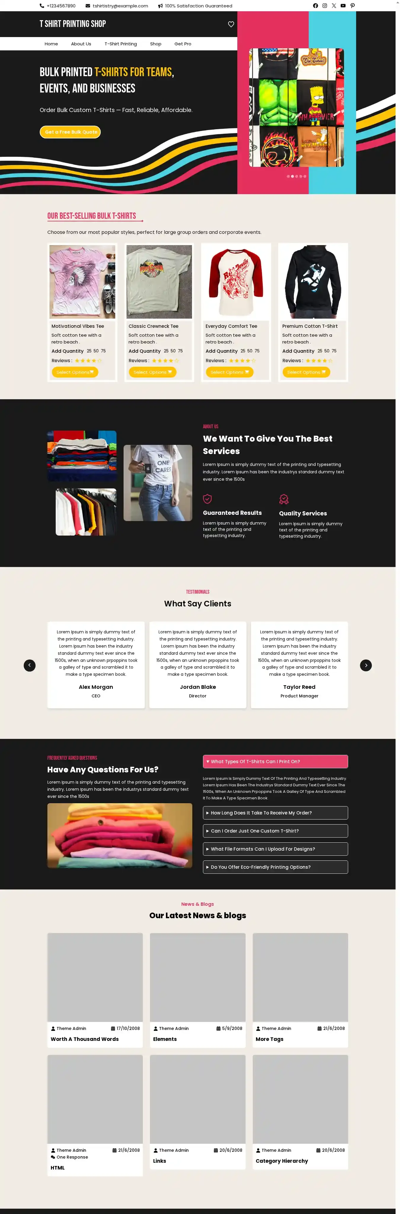 T Shirt Printing Shop home page on desktop