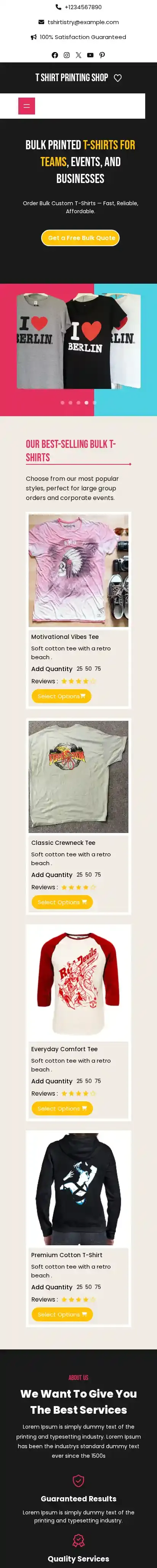 T Shirt Printing Shop home page on mobile