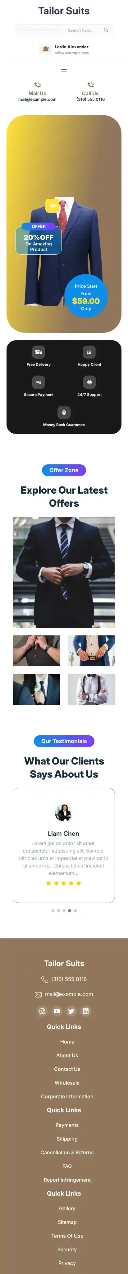 Tailor Suits home page on mobile