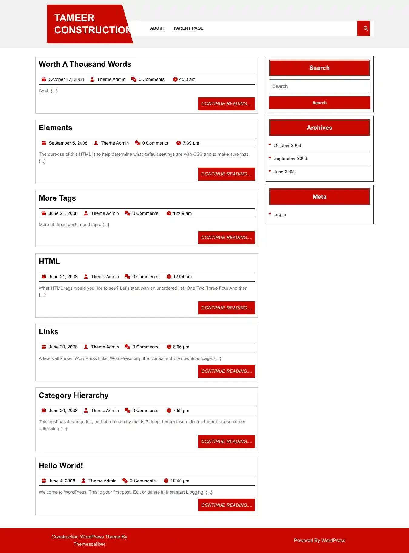 Tameer Construction home page on desktop