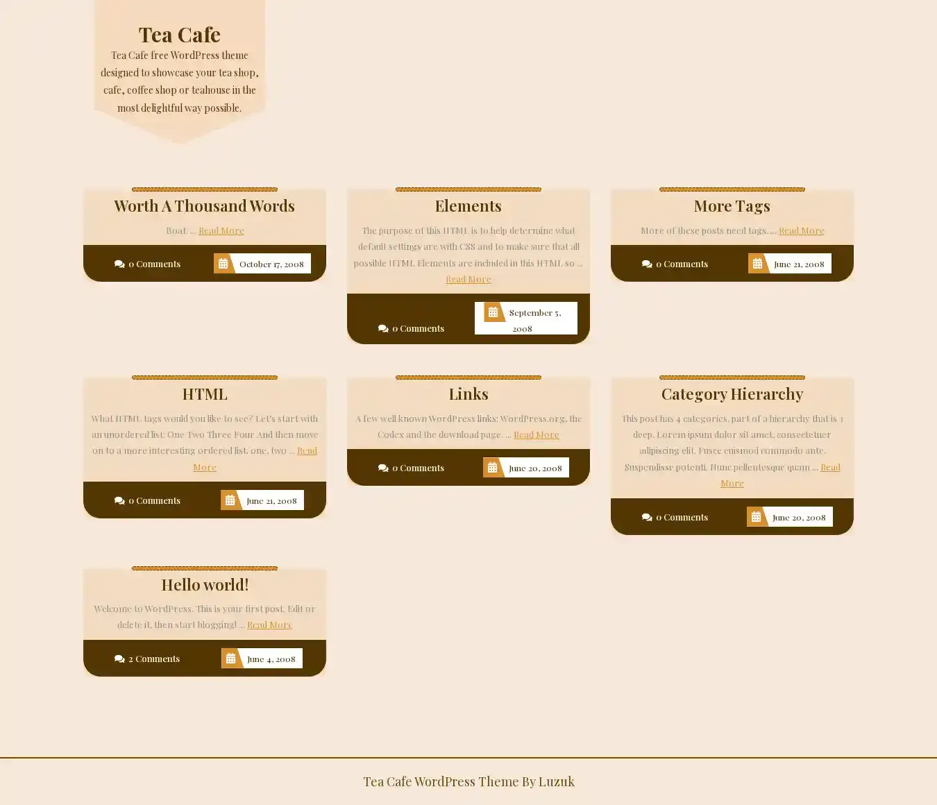 Tea Cafe home page on desktop