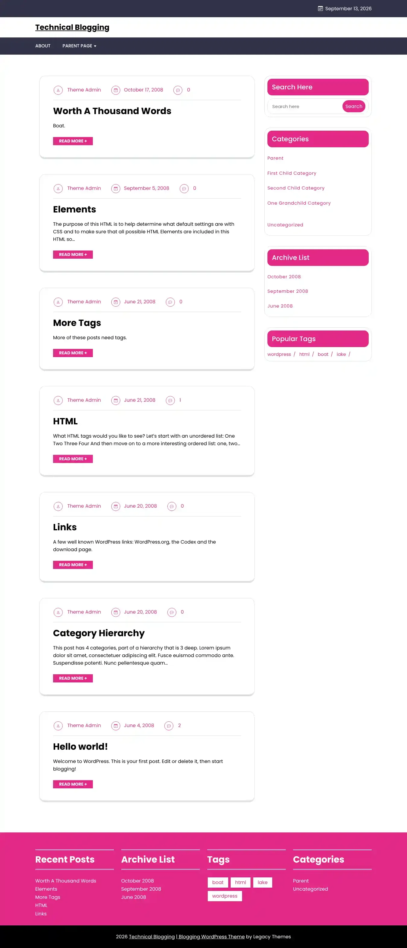 Technical Blogging home page on desktop