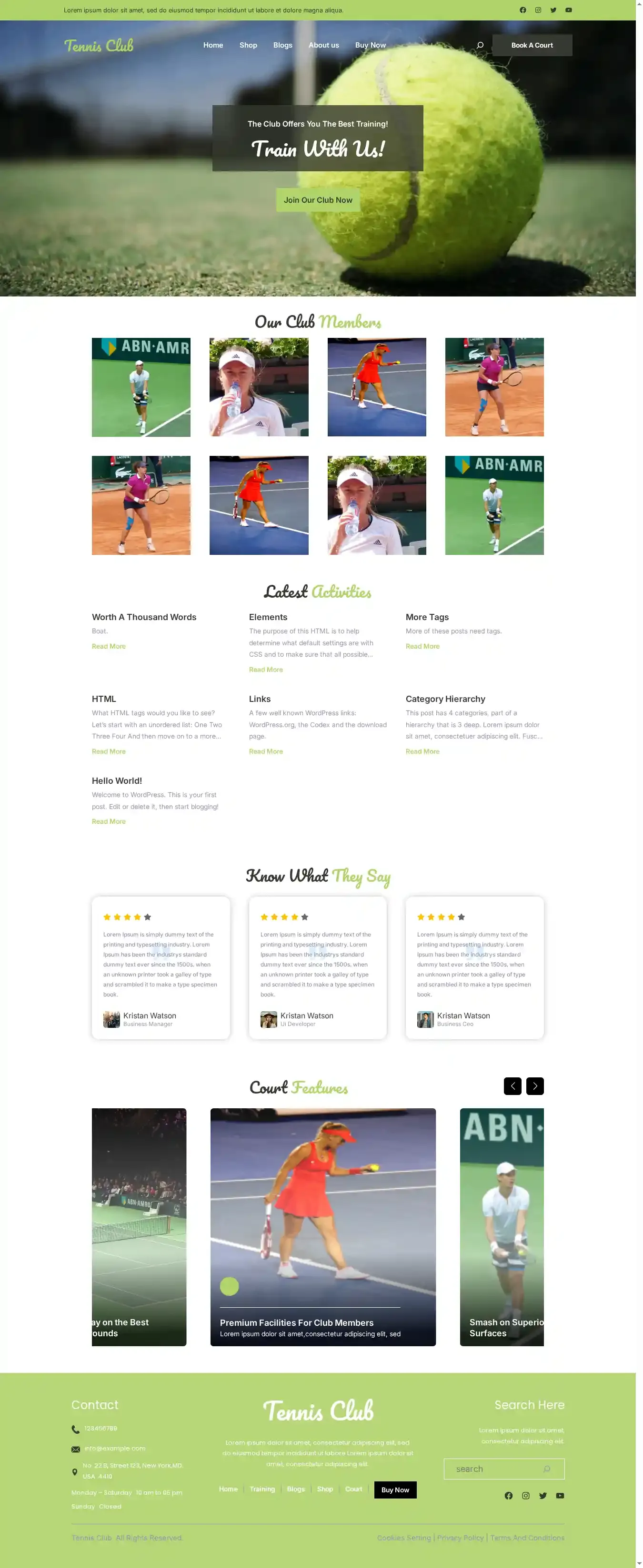 Tennis Club home page on desktop