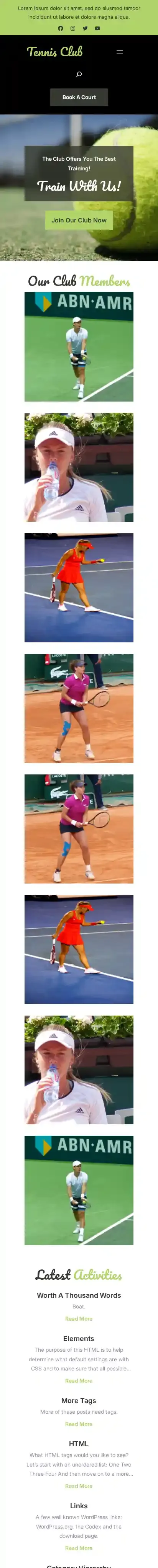 Tennis Club home page on mobile