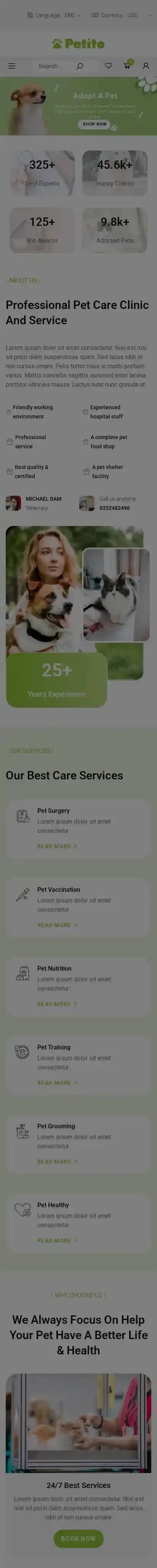Petito home page on mobile