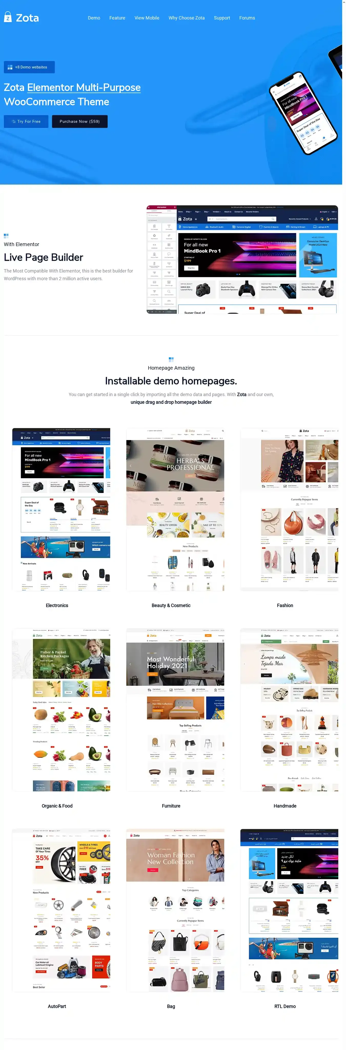 Zota home page on desktop