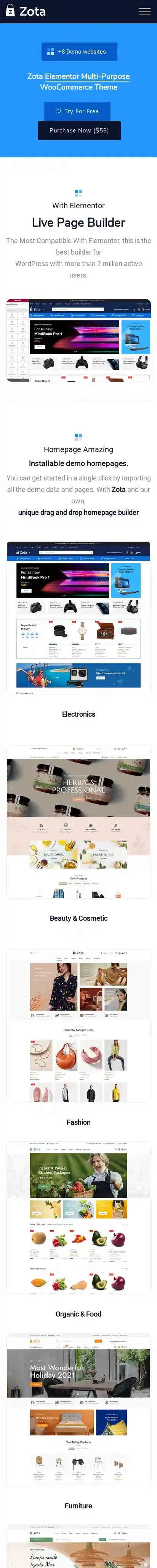 Zota home page on mobile