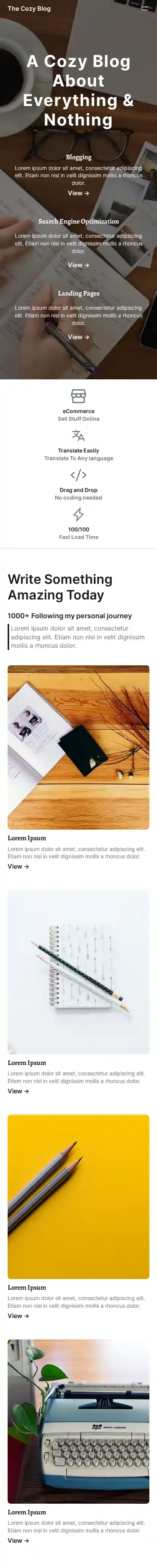 The Cozy Blog home page on mobile