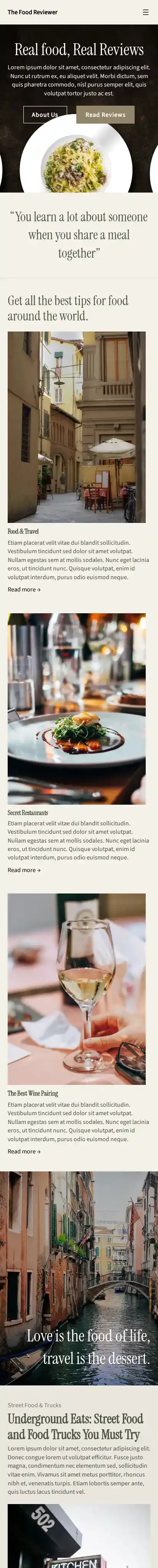 The Food Reviewer home page on mobile
