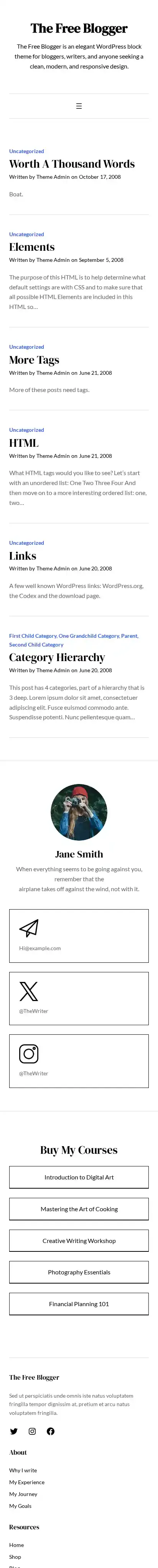 The Free Blogger home page on mobile