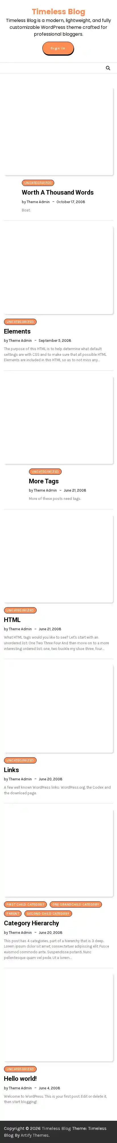 Timeless Blog home page on mobile
