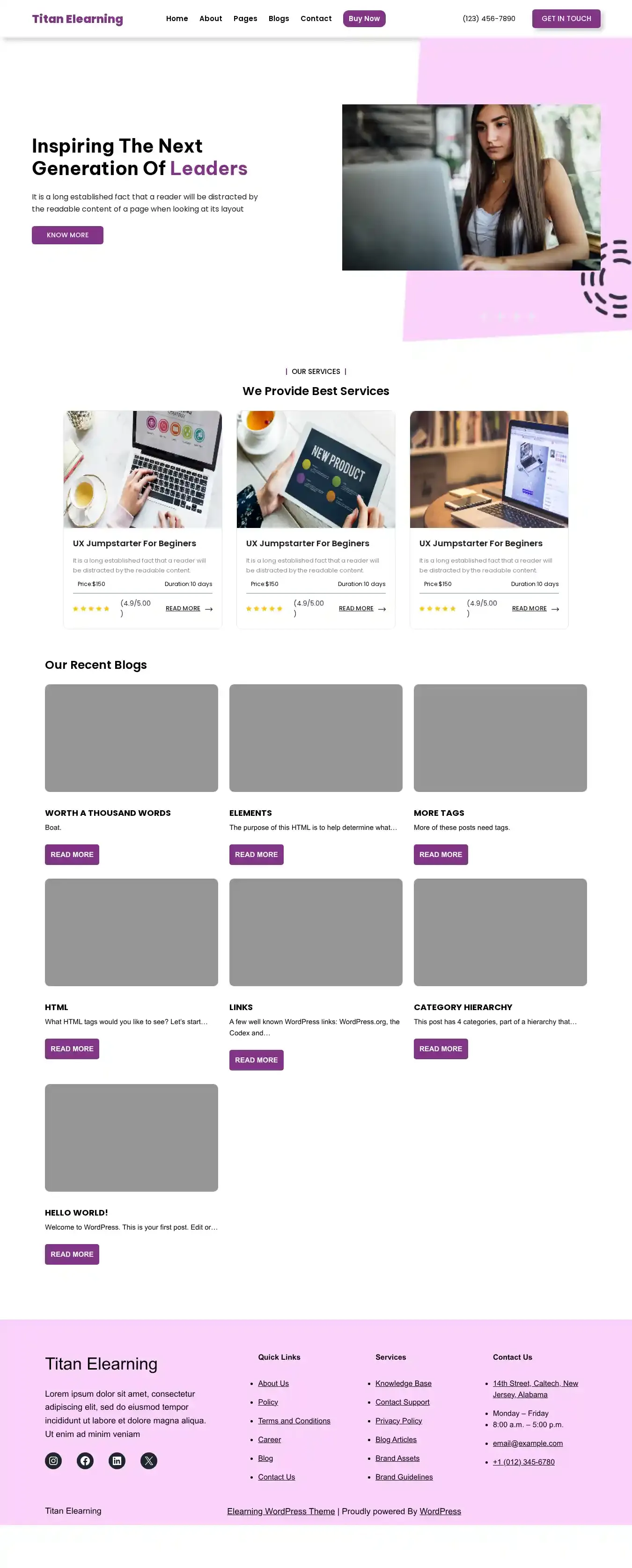 Titan Elearning home page on desktop