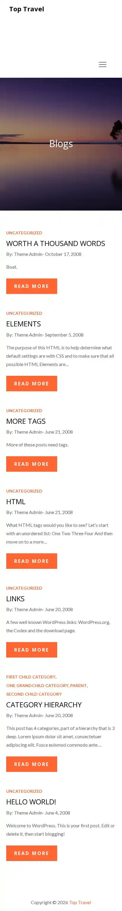 Top Travel home page on mobile