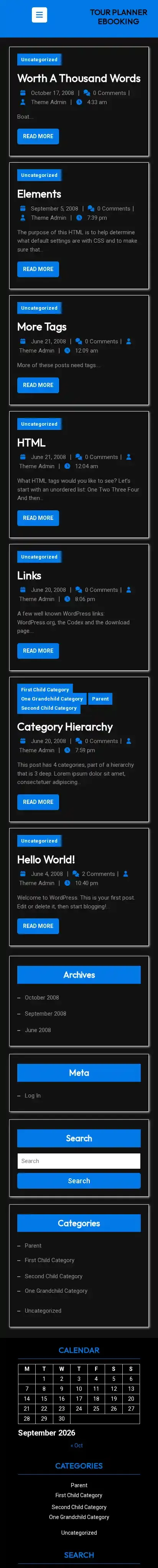 Tour Planner eBooking home page on mobile