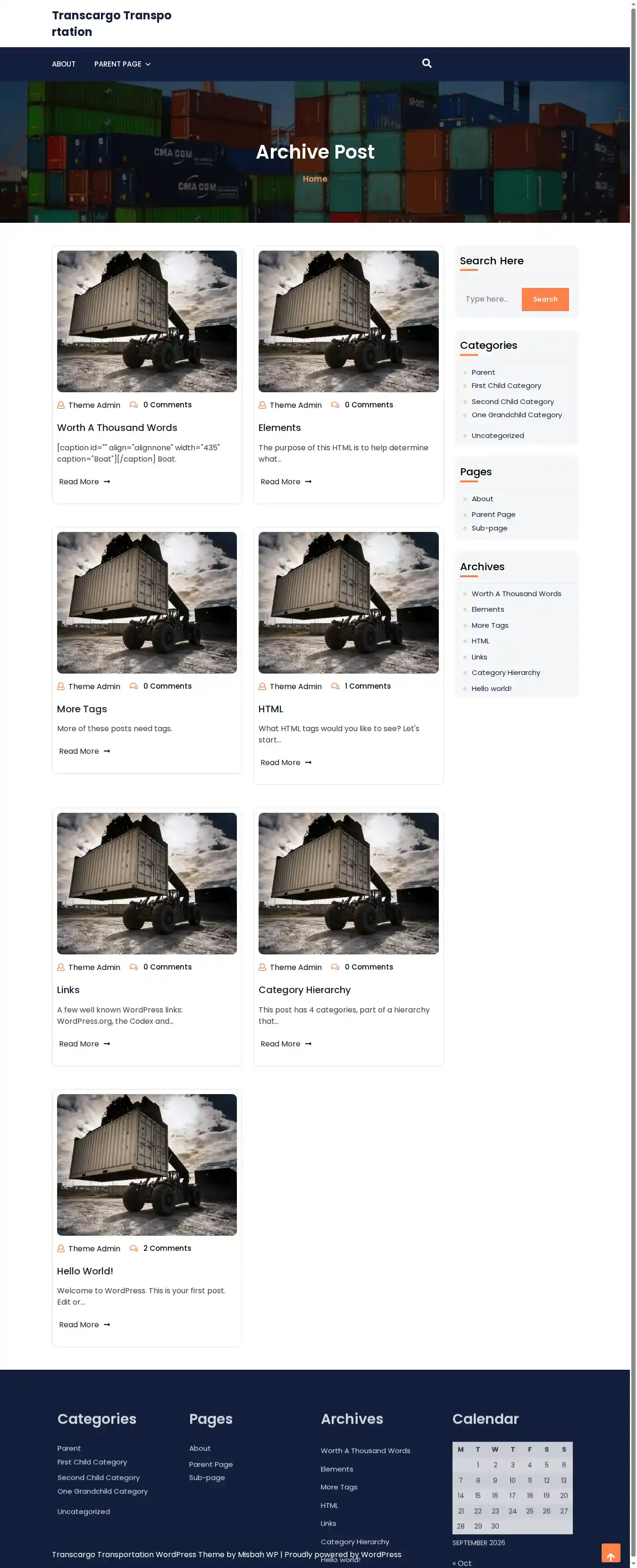 Transcargo Transportation home page on desktop