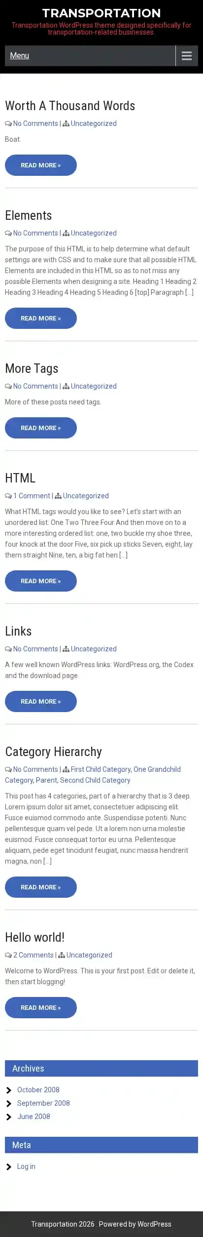 Transportation home page on mobile