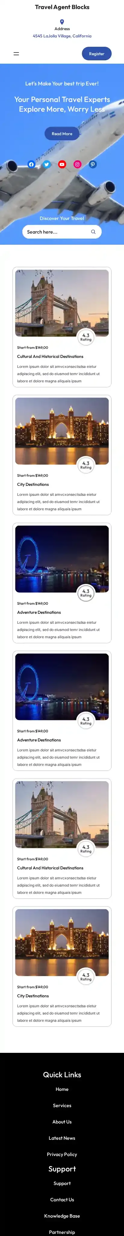 Travel Agent Blocks home page on mobile