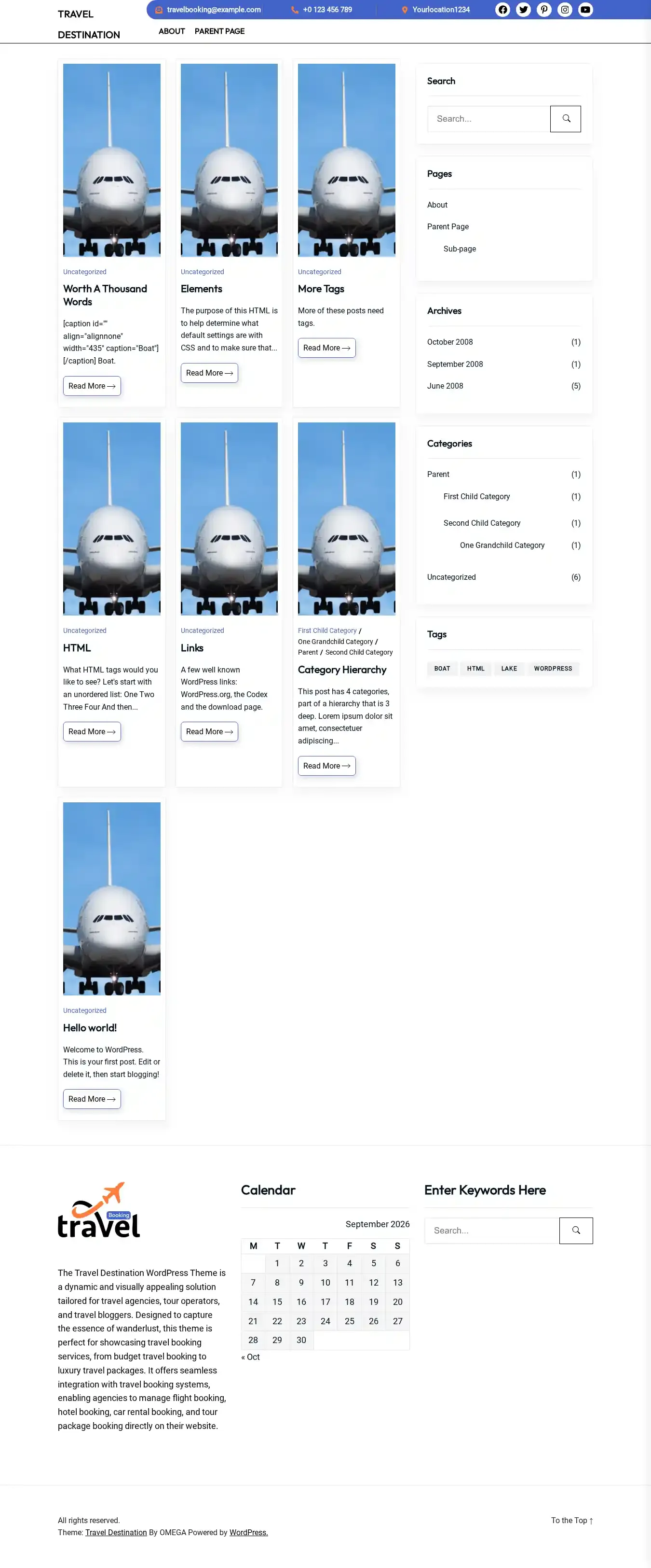 Travel Destination home page on desktop