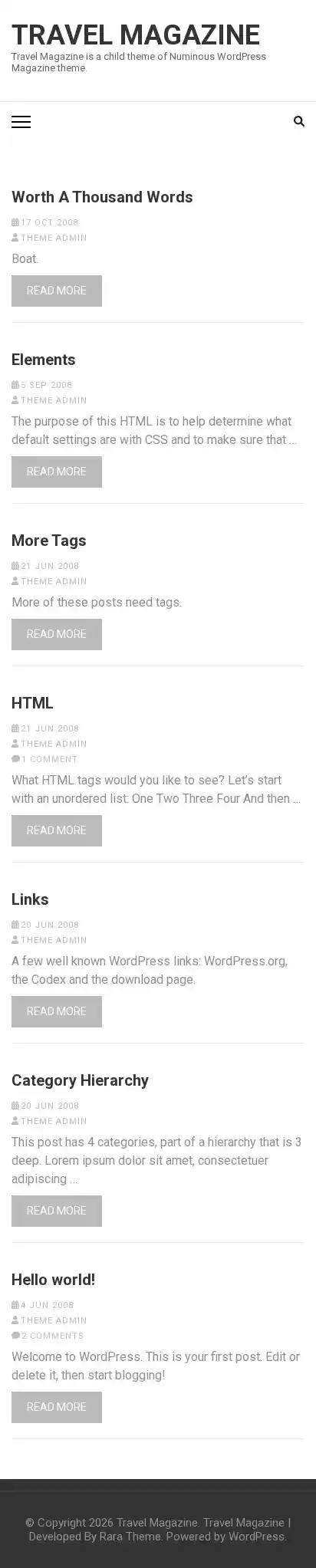 Travel Magazine home page on mobile