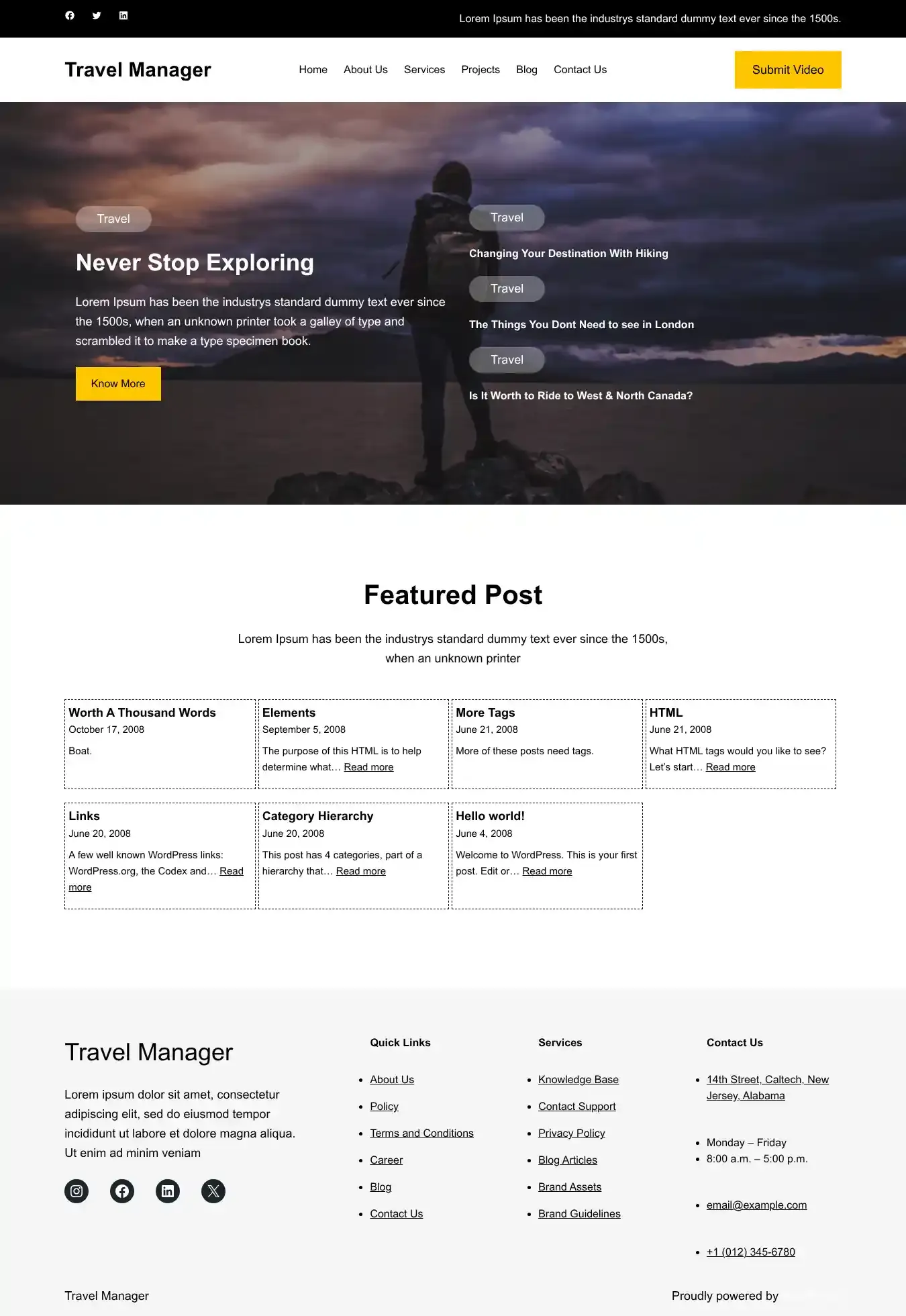 Travel Manager home page on desktop