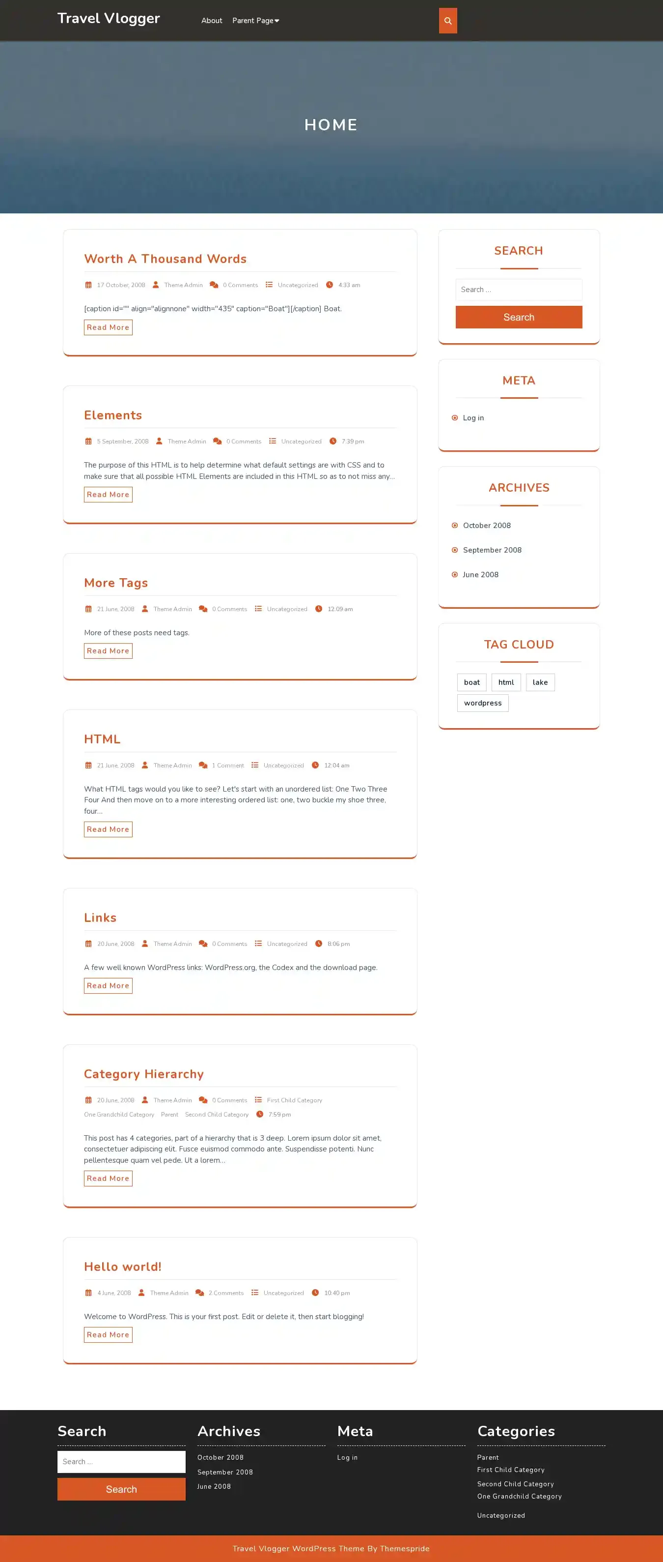 Travel Vlogger home page on desktop