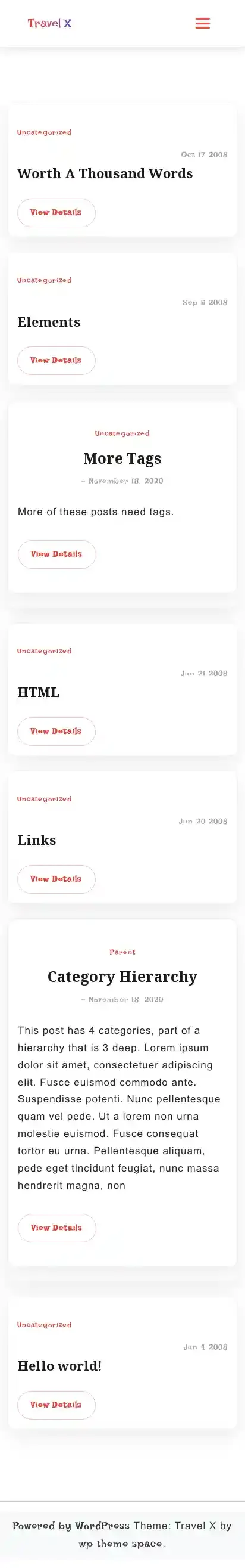 Travel X home page on mobile