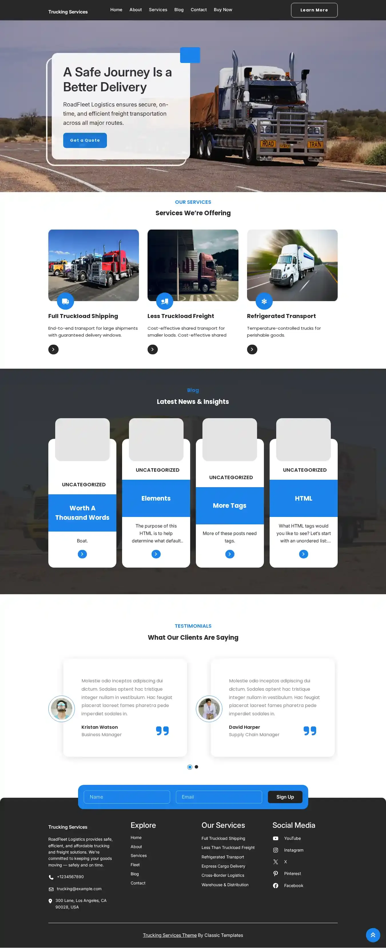 Trucking Services home page on desktop