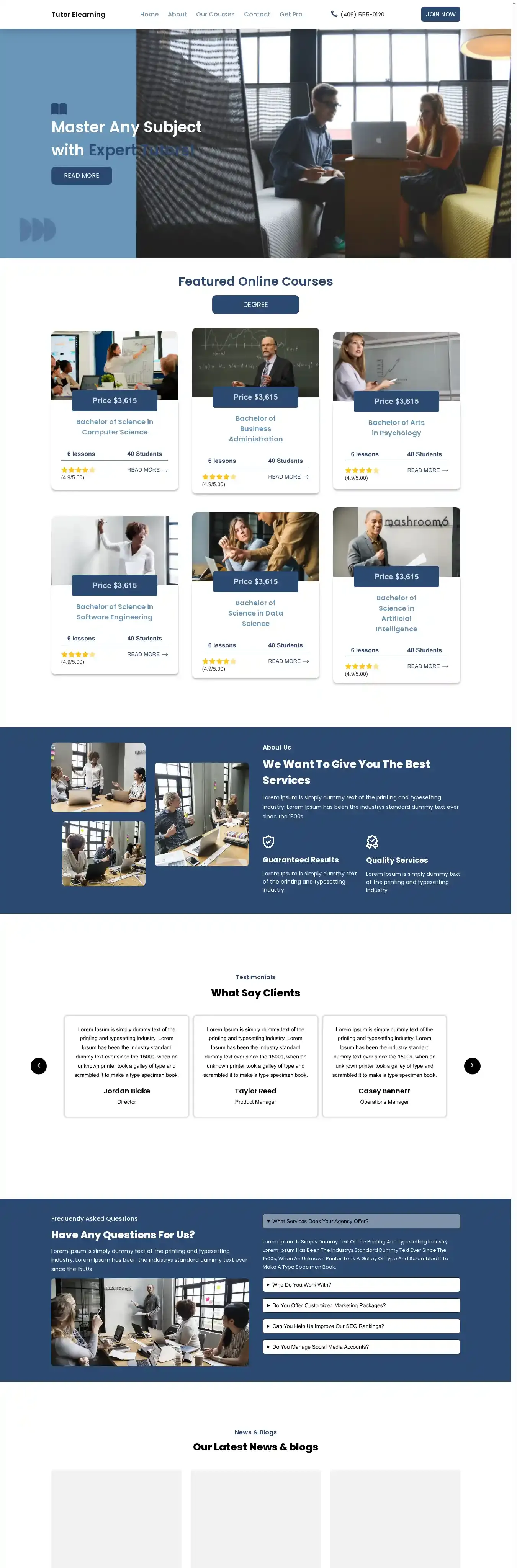 Tutor Elearning home page on desktop